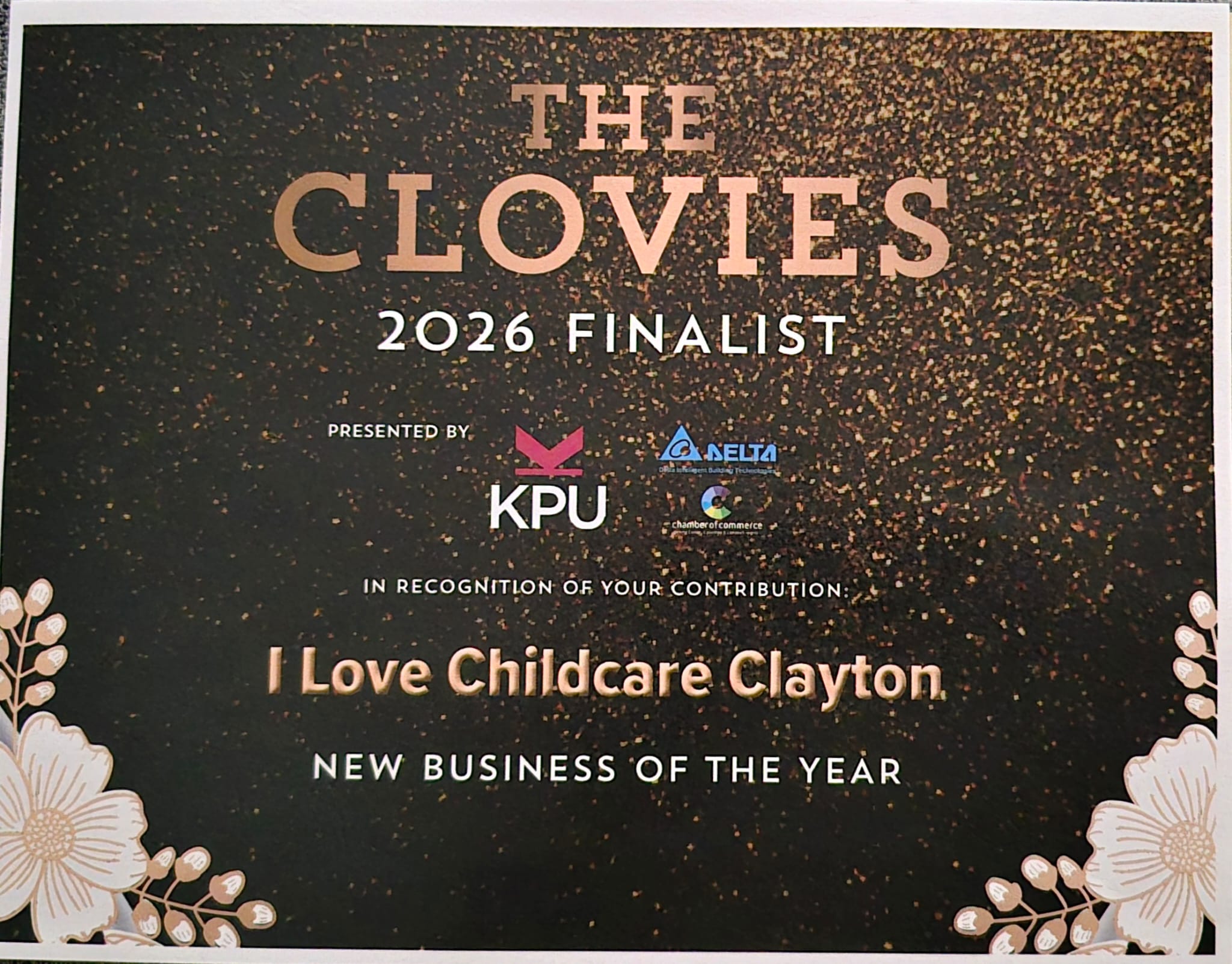 The Clovies 2026 finalist certificate for I Love Childcare Clayton, New Business of the Year