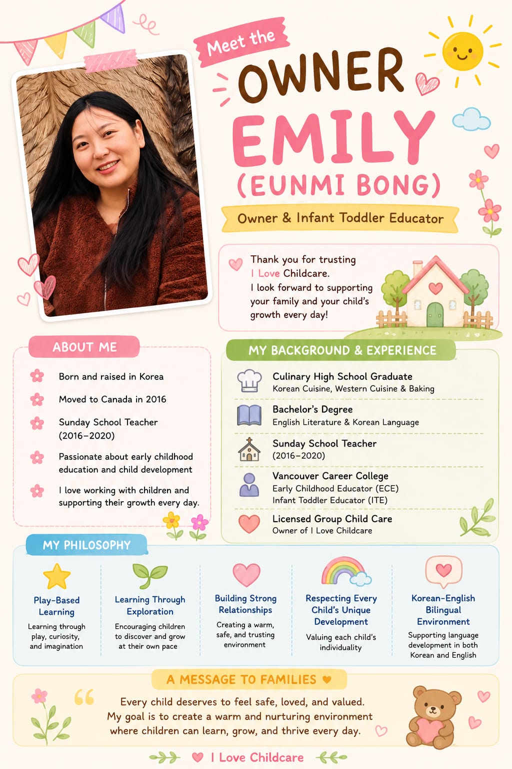 Meet Emily Eunmi Bong, owner and Infant Toddler Educator: her original introduction, background and philosophy